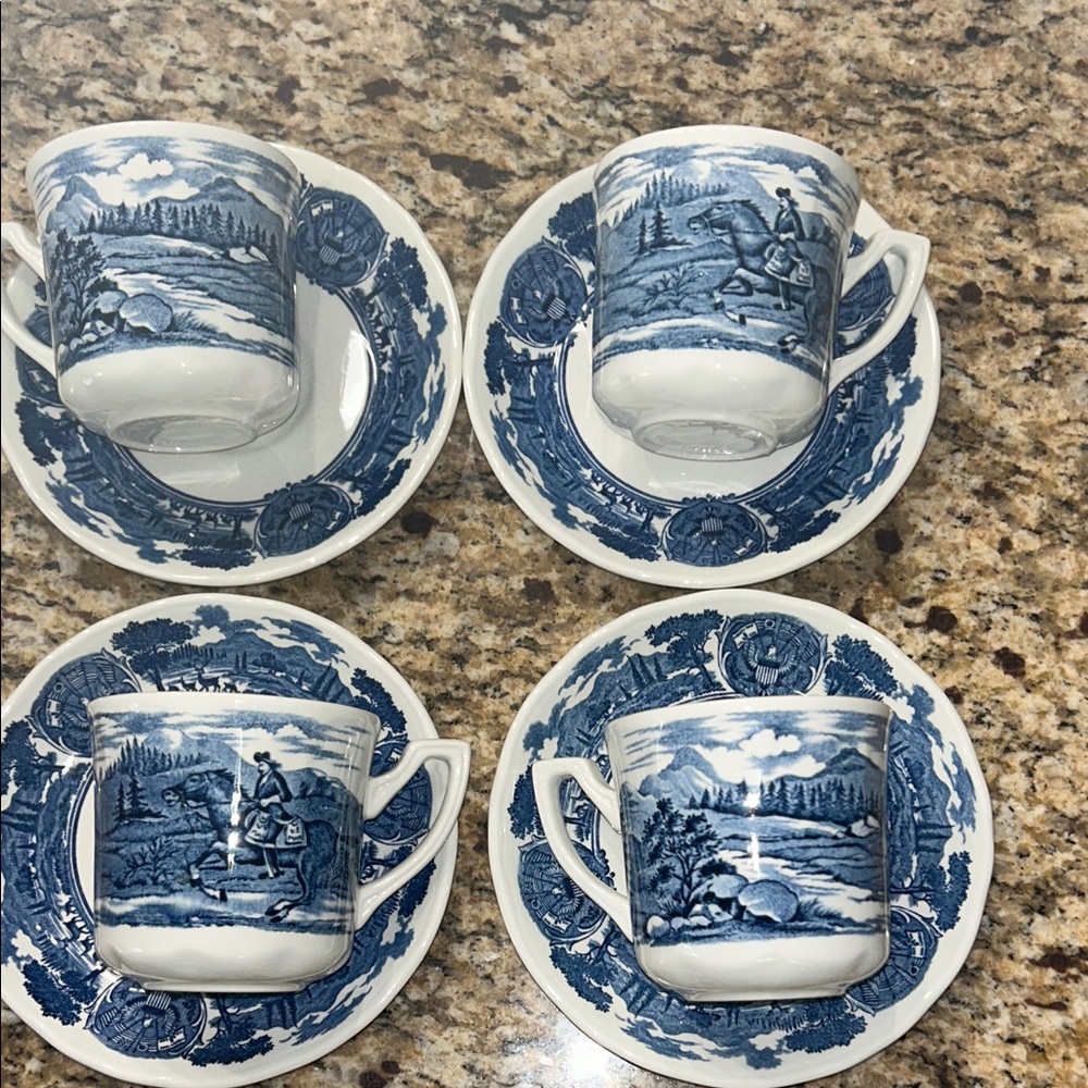 J&G Meakin American Hurrah Man on Horse Flat/Porcelain Tea Cup Set (4), England